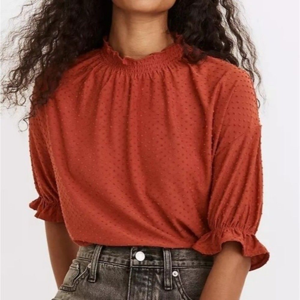 Madewell Texture & Thread Rust Clipdot Ruffle Top